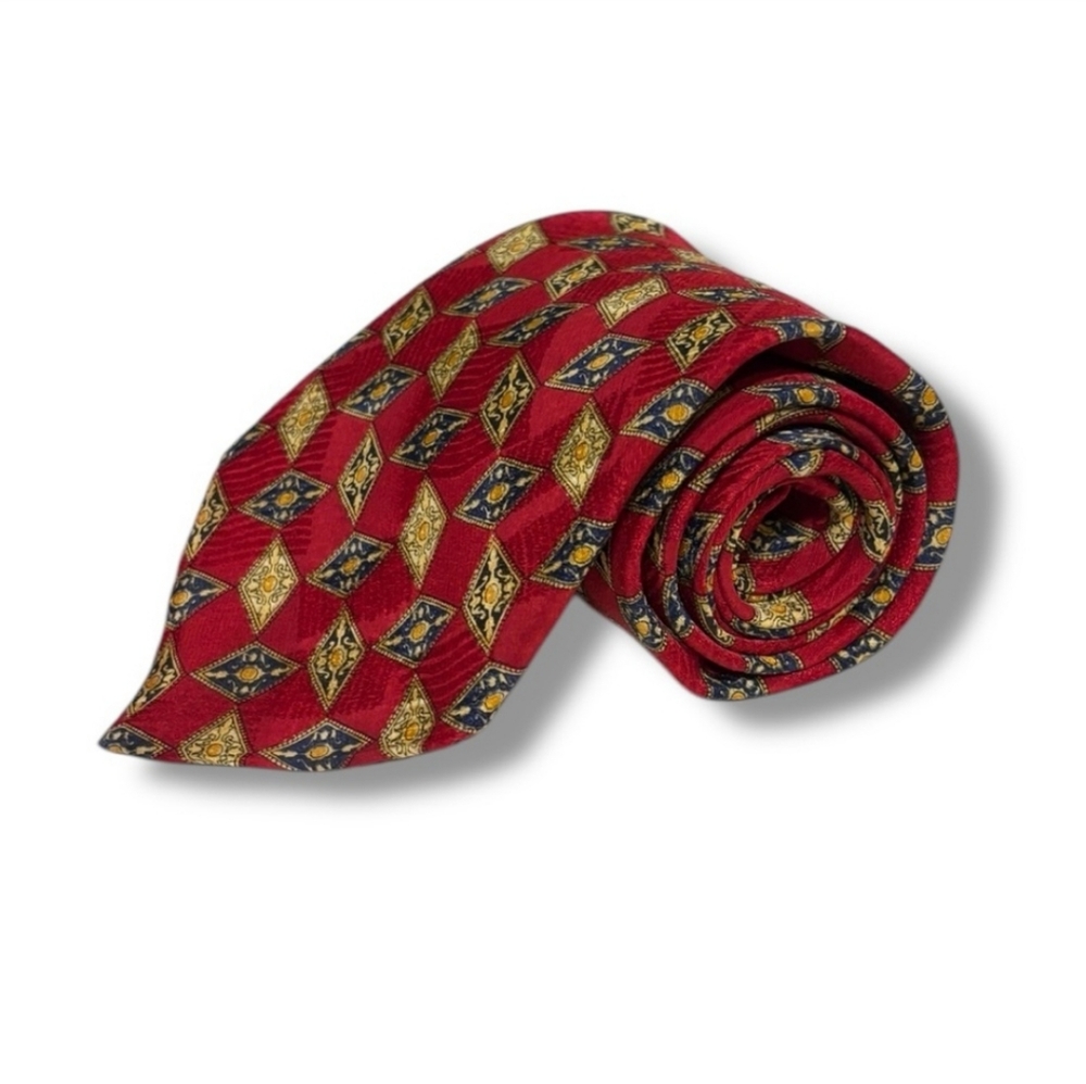 VALENTINO Red, Navy, & Gold Geometric Pattern All Silk Tie